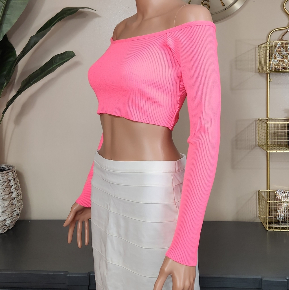 FASHION NOVA | XL, Ribbed Vibrant Pink, Super Cropped, Long Sleeved Top
